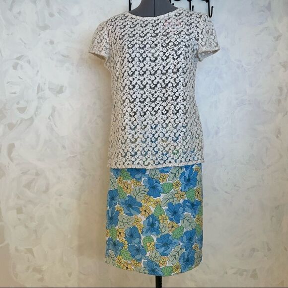 Norton McNaughton Petites blue and yellow floral linen blend skirt size 8P - Picture 7 of 12